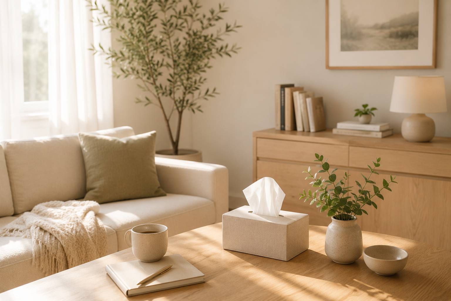 A warm, welcoming counseling space with soft seating and natural light