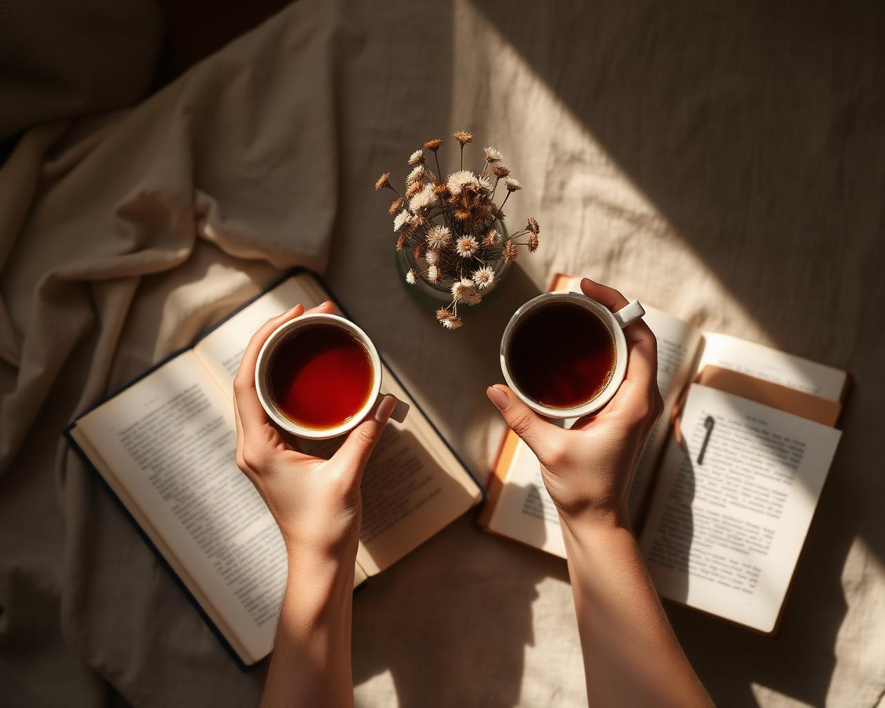 Two cups of tea and journals on a linen tablecloth